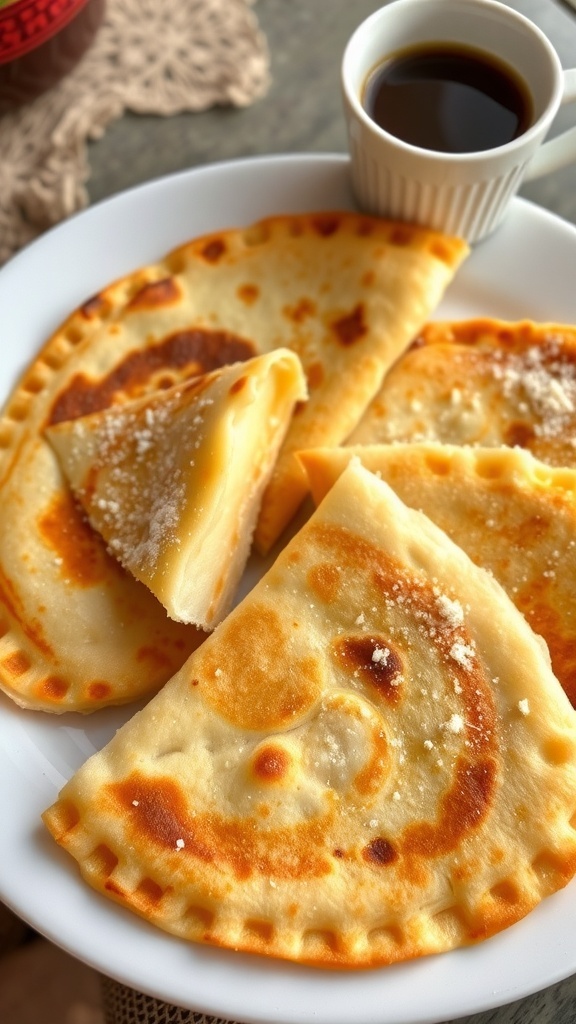 Golden-brown Guatemalan quesadillas cut into wedges, served with coffee.